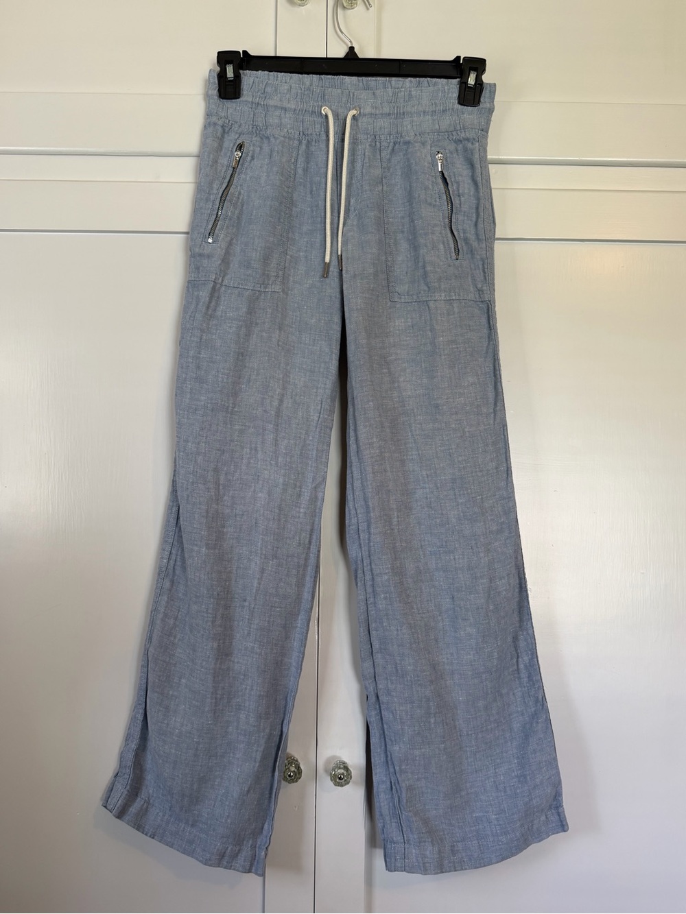 Athleta Chambray-Light Blue Wide Leg Cabo Linen FM Drawstring Pants, Size 2